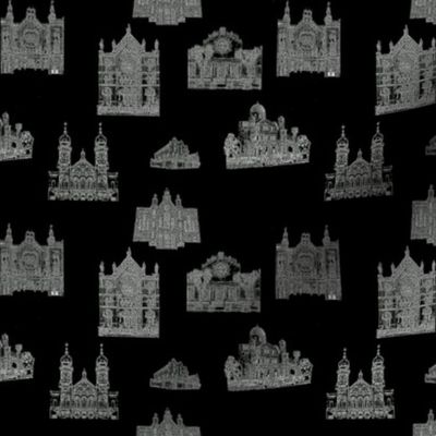 Synagogue Toile de Jouy, White on Black