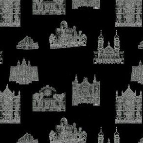 Synagogue Toile de Jouy, White on Black