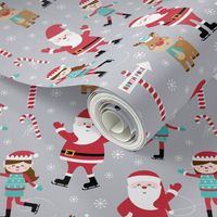 ice skaters grey :: cheeky christmas Santa Claus with candy canes, animals, baby, children, boys, girls, winter, snowflakes, north pole, ice rink - cute pjs pyjamas pajamas pattern