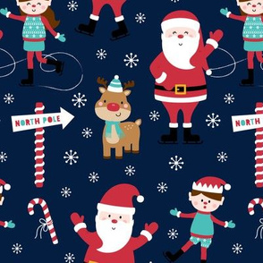 ice skaters navy blue :: cheeky christmas Santa Claus with candy canes, animals, baby, children, boys, girls, winter, snowflakes, north pole, ice rink - cute pjs pyjamas pajamas pattern