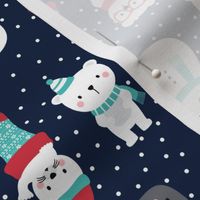 snow cuties navy blue :: cheeky christmas baby animals seals, stockings, bears, whales, penguins, snowpeople, winter hats, scarves, mittens and glasses for children, boys, girls, snowy dots - cute pjs pyjamas pajamas pattern