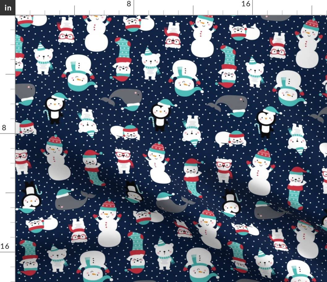 snow cuties navy blue :: cheeky christmas baby animals seals, stockings, bears, whales, penguins, snowpeople, winter hats, scarves, mittens and glasses for children, boys, girls, snowy dots - cute pjs pyjamas pajamas pattern
