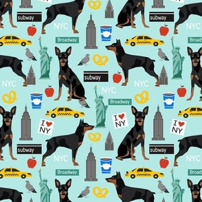 Miniature Doberman Pinscher dog breed NYC new york city tourist dog fabric blue