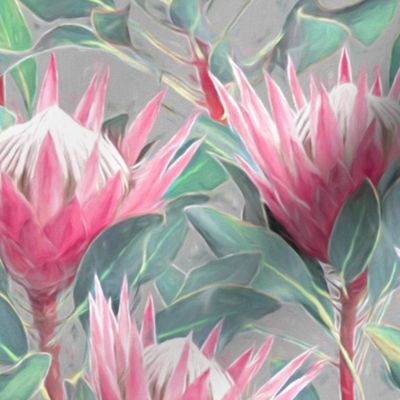 Painted King Proteas - pink on light grey MEDIUM