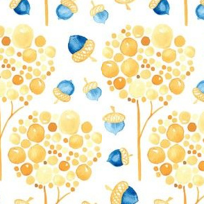 Watercolor Fall Trees Acorns  || Yellow gold blue orange autumn _ Miss Chiff Designs 