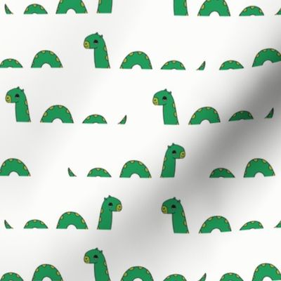 nessie fabric // loch ness monster design cute kids funny character design - green off-white