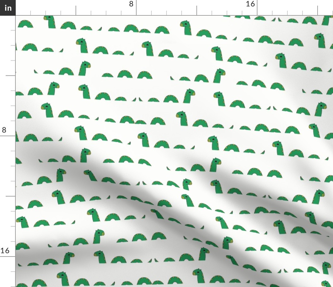 nessie fabric // loch ness monster design cute kids funny character design - green off-white