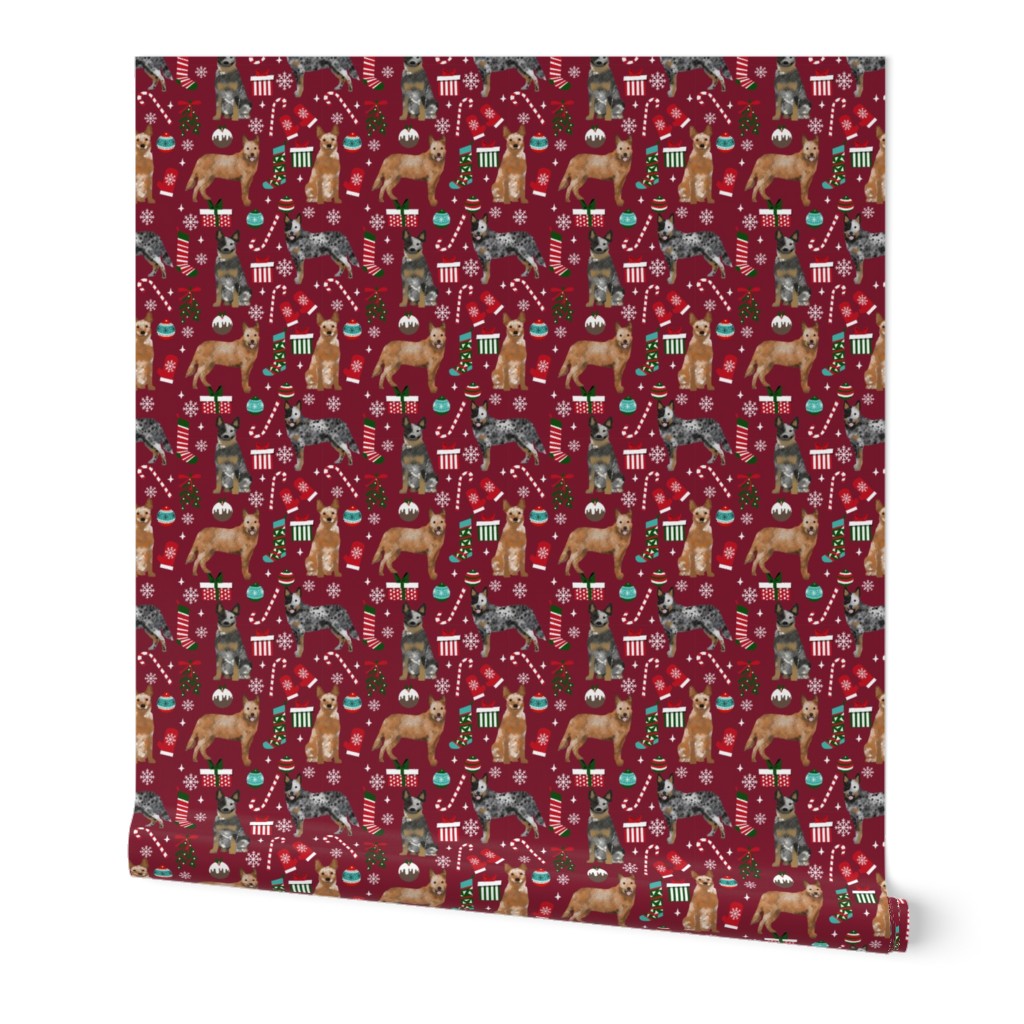 Australian Cattle Dog blue heeler dog breed christmas peppermint sticks presents snowflakes fabric ruby