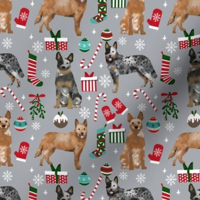 Australian Cattle Dog red and blue heeler dog breed christmas peppermint sticks presents snowflakes fabric grey