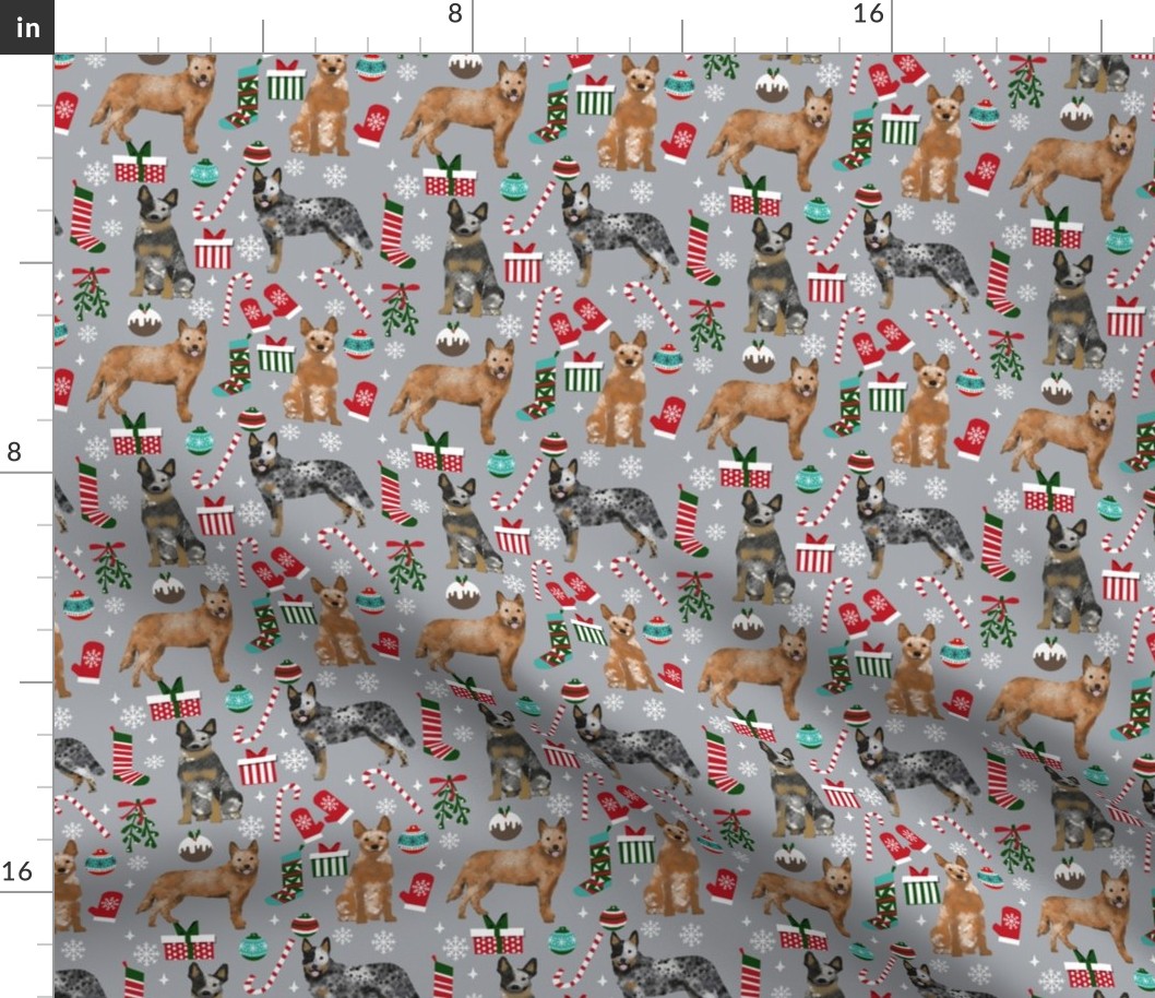 Australian Cattle Dog red and blue heeler dog breed christmas peppermint sticks presents snowflakes fabric grey