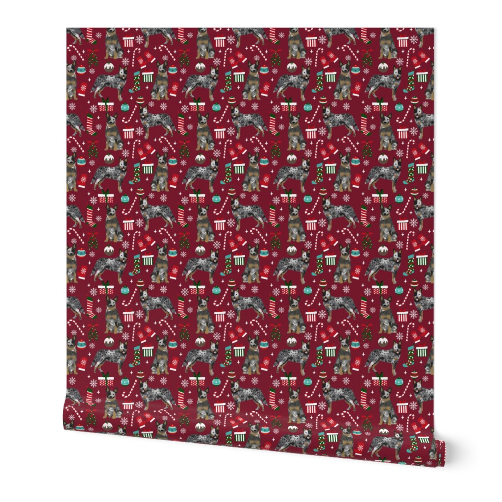 Australian Cattle Dog blue heeler dog breed christmas presents  candy canes snowflakes fabric ruby