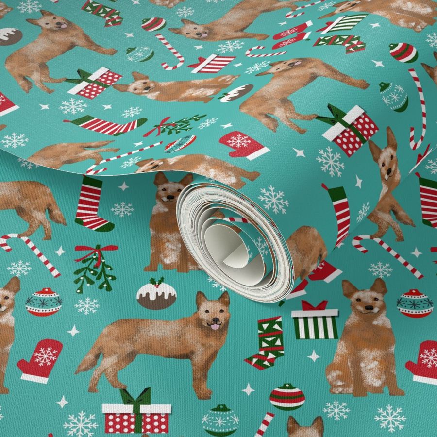 Australian Cattle Dog red heeler dog breed christmas presents  candy canes snowflakes fabric turquoise