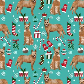 Australian Cattle Dog red heeler dog breed christmas presents  candy canes snowflakes fabric turquoise