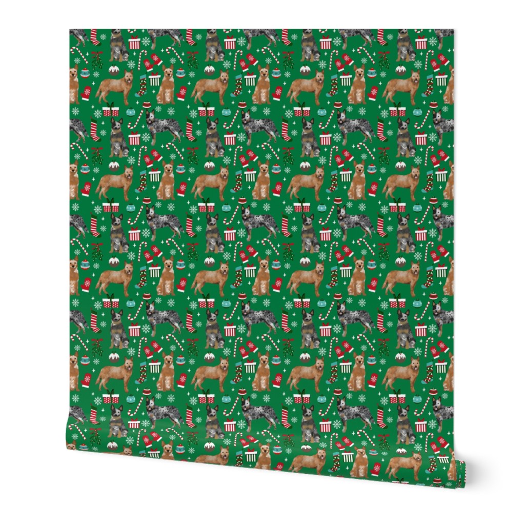 Australian Cattle Dog red and blue heeler dog breed christmas presents  candy canes snowflakes fabric green