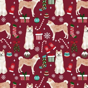 Akita dog breed christmas presents  candy canes snowflakes fabric ruby