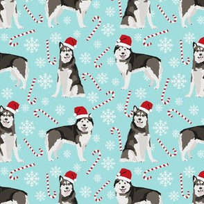 Alaskan Malamute dog breed christmas peppermint stick candy canes fabric blue 
