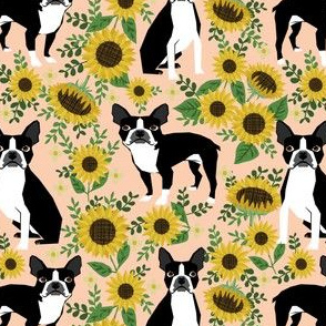 boston terrier sunflower fabric dogs and sunflowers floral design - blush
