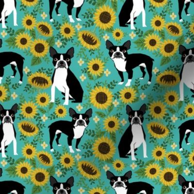 boston terrier sunflower fabric dogs and sunflowers floral design - turquoise