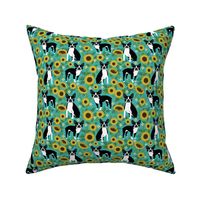 boston terrier sunflower fabric dogs and sunflowers floral design - turquoise