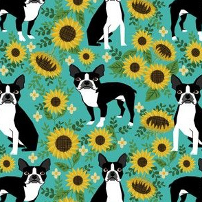 boston terrier sunflower fabric dogs and sunflowers floral design - turquoise
