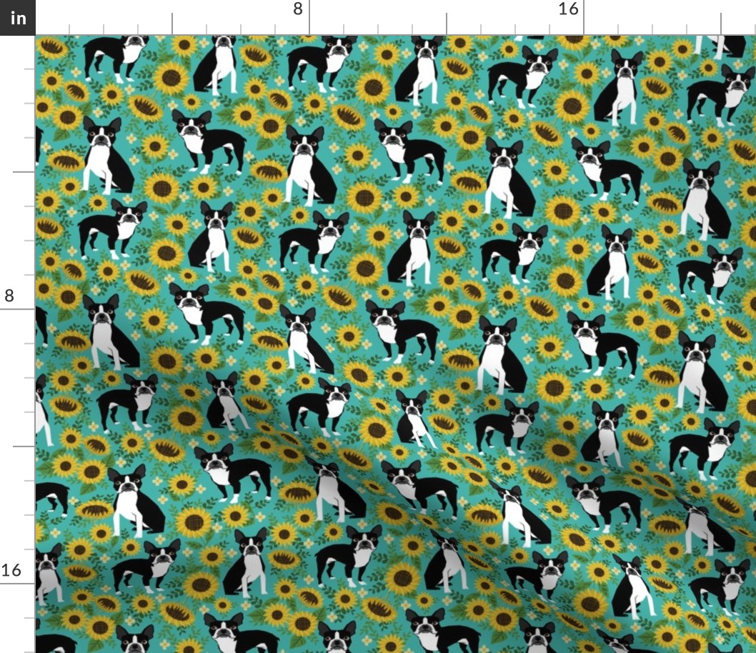 boston terrier sunflower fabric dogs and sunflowers floral design - turquoise