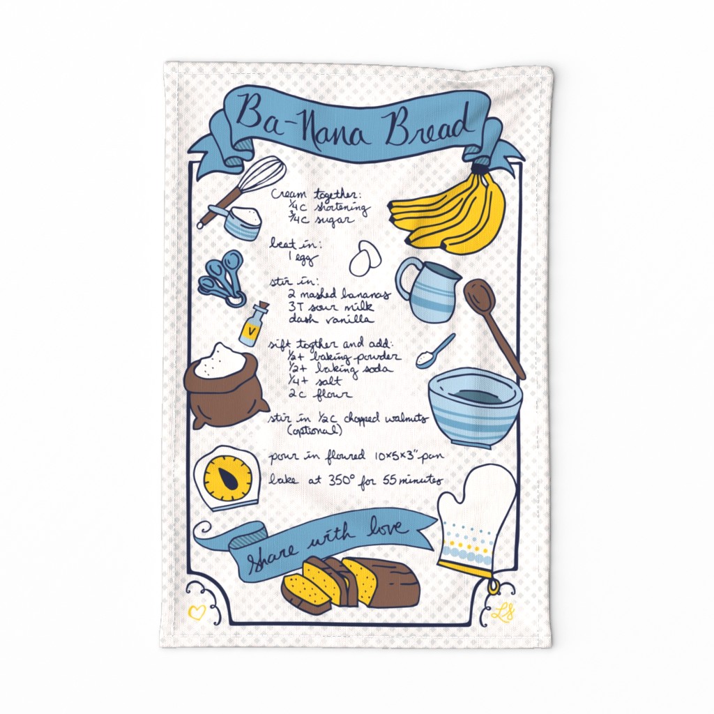 Ba-Nana Bread Recipe Tea Towel // family banana bread recipe hand lettering gingham kitchen utensil tea towel fat quarter fabric 