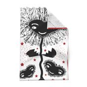 naive kawaii block print heart flowers tea towel, black red white