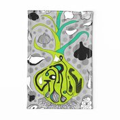 garlic, the stinking rose! tea towel, gray grey green lime turquoise