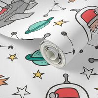 Christmas Santa Claus in Space Rockets, Planets & Constellations on White