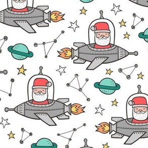 Christmas Santa Claus in Space Rockets, Planets & Constellations on White