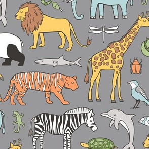 Zoo Jungle Animals Doodle with Panda, Giraffe, Lion, Tiger, Elephant, Zebra,  Birds on Dark Grey Larger Size