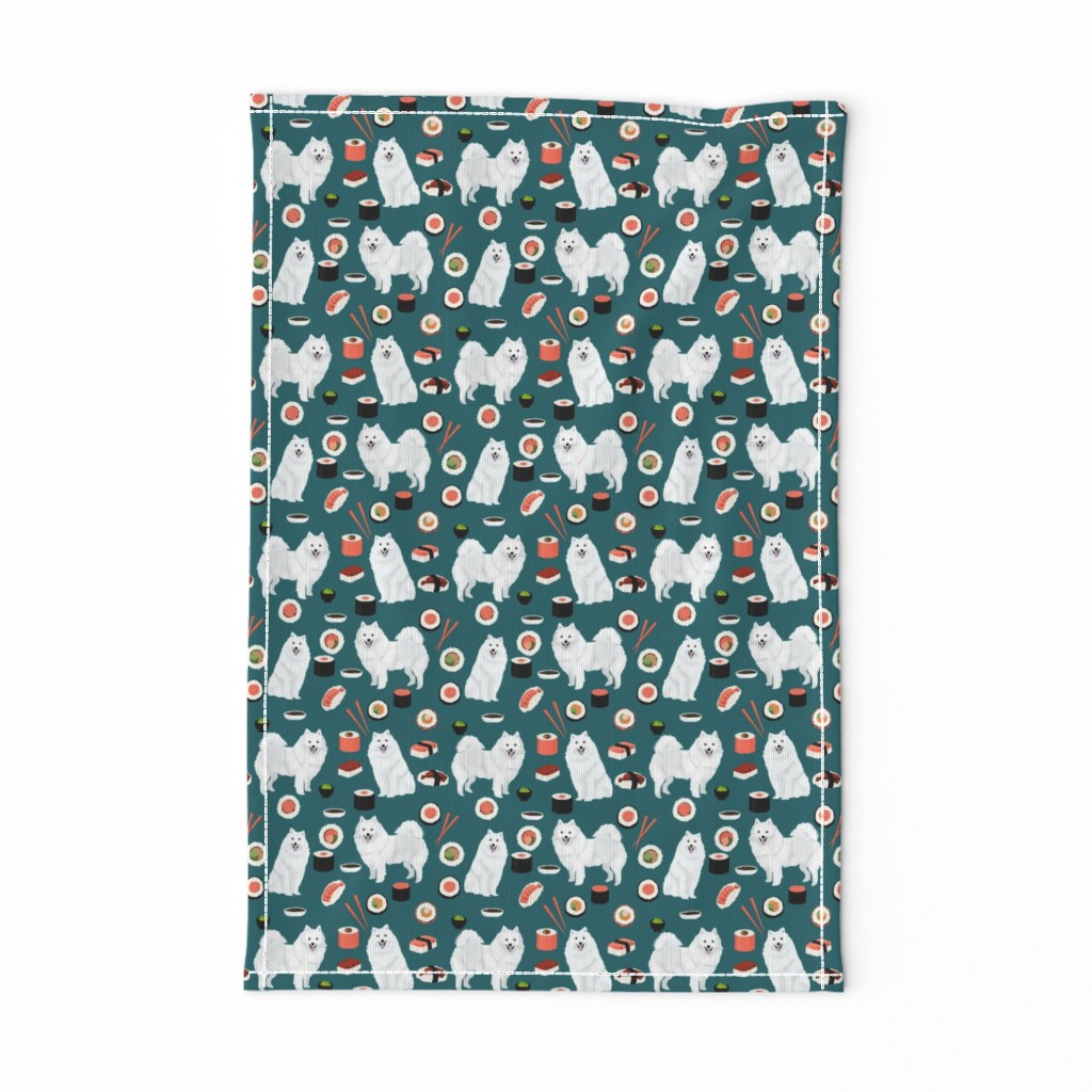 japanese spitz dog and sushi fabric - cute japanese dog - teal