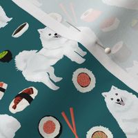 japanese spitz dog and sushi fabric - cute japanese dog - teal