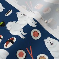 japanese spitz dog and sushi fabric - cute japanese dog - navy