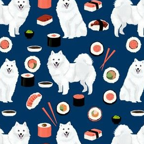japanese spitz dog and sushi fabric - cute japanese dog - navy