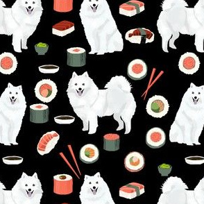 japanese spitz dog and sushi fabric - cute japanese dog - black
