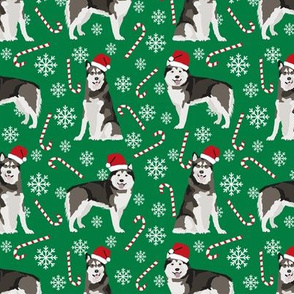 Alaskan Malamute peppermint stick candy canes winter snowflakes dog fabric green