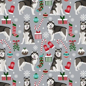 Alaskan Malamute christmas holiday presents candy canes winter snowflakes dog fabric grey