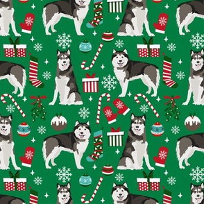 Alaskan Malamute christmas holiday presents candy canes winter snowflakes dog fabric green