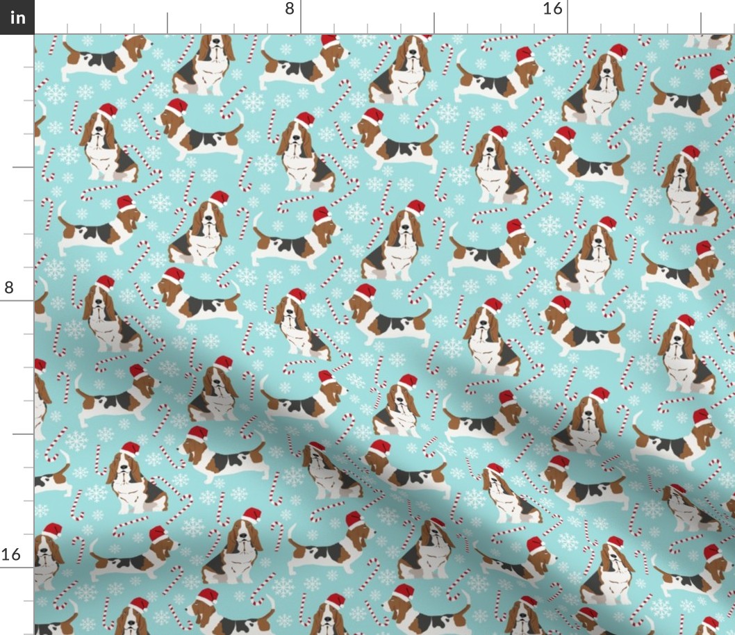 Basset Hound peppermint stick candy canes winter snowflakes dog fabric light blue
