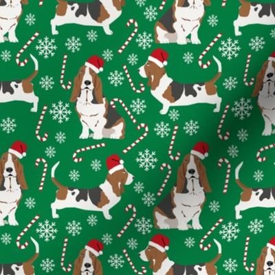 Basset Hound peppermint stick candy canes winter snowflakes dog fabric green