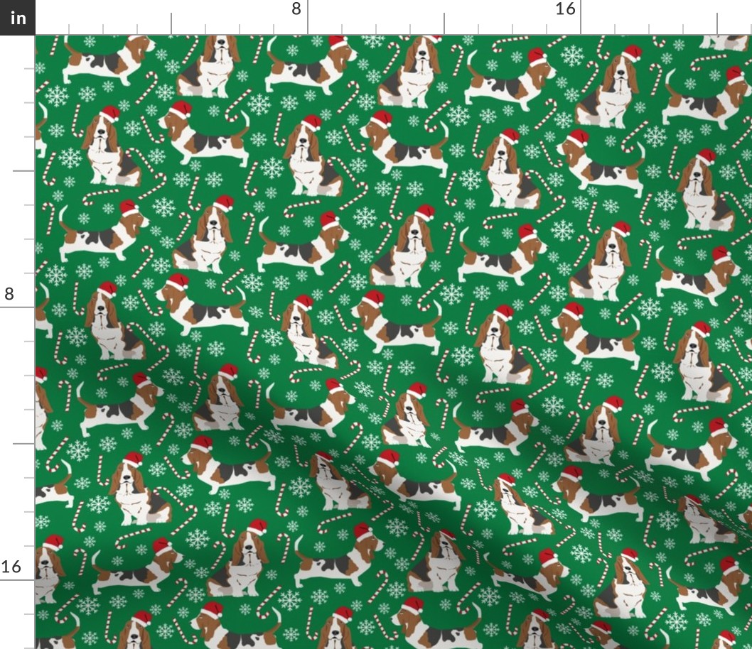 Basset Hound peppermint stick candy canes winter snowflakes dog fabric green