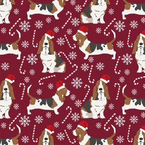 Basset Hound peppermint stick candy canes winter snowflakes dog fabric ruby