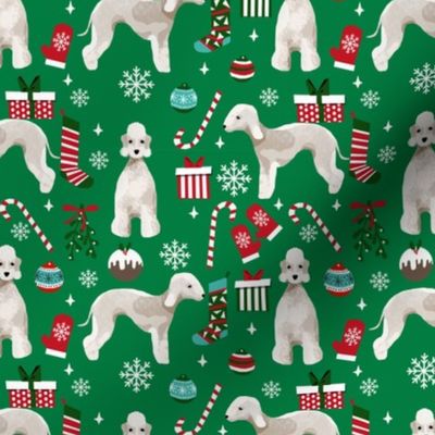 Bedlington Terrier christmas holiday presents candy canes winter snowflakes dog fabric green