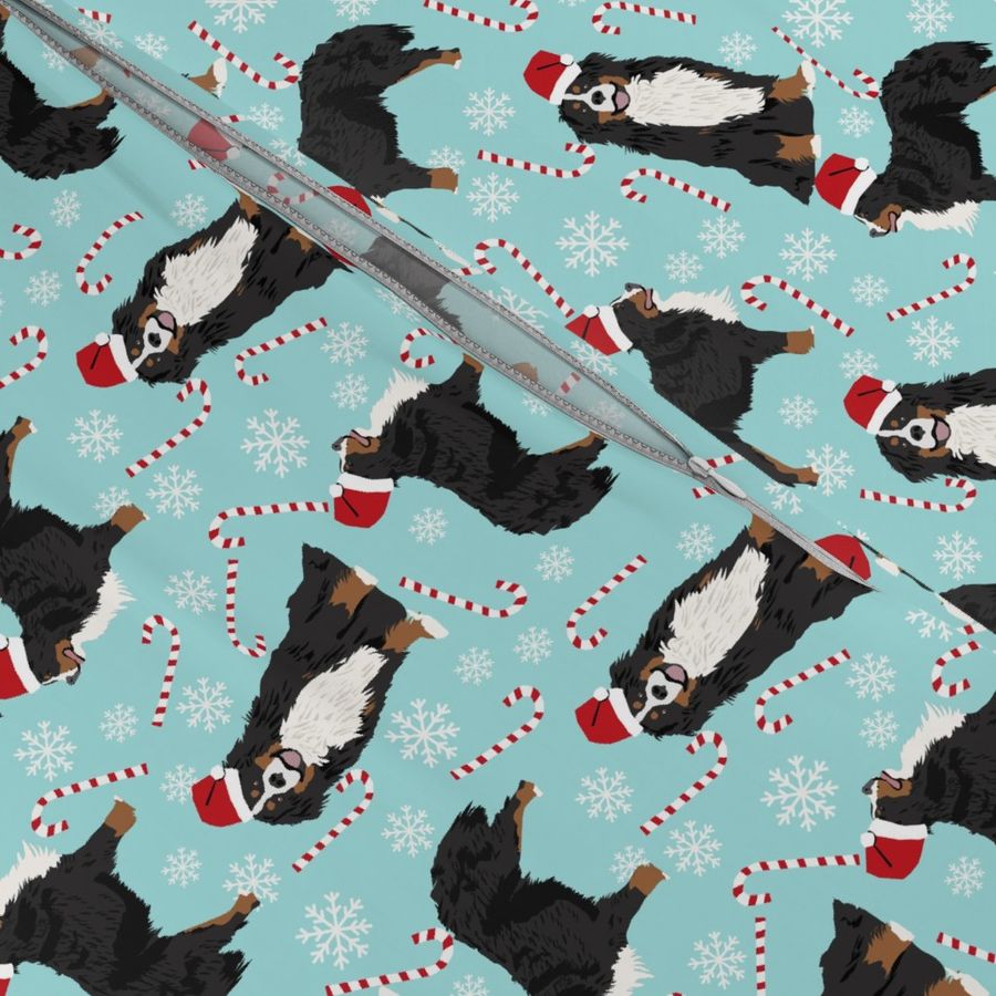 Bernese Mountain Dog peppermint stick candy canes winter snowflakes dog fabric light blue