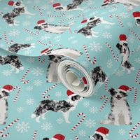 Border Collie blue merle peppermint stick candy canes winter snowflakes dog fabric light blue