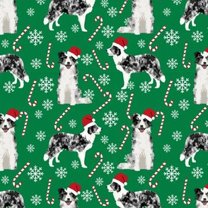 Border Collie blue merle peppermint stick candy canes winter snowflakes dog fabric green
