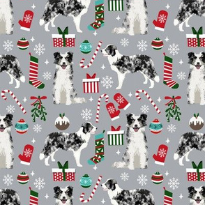 Border Collie blue merle christmas holiday presents candy canes winter snowflakes dog fabric grey