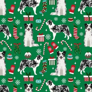 Border Collie blue merle christmas holiday presents candy canes winter snowflakes dog fabric green