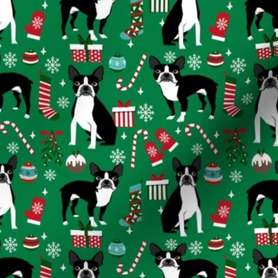 Boston Terrier christmas holiday presents candy canes winter snowflakes dog fabric green